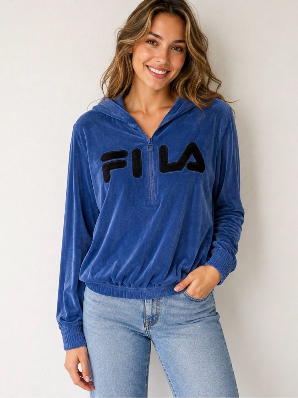 FILA Blue Velour Hoodie Women’s Medium Half Zip Pullover Y2K Retro Athleisure